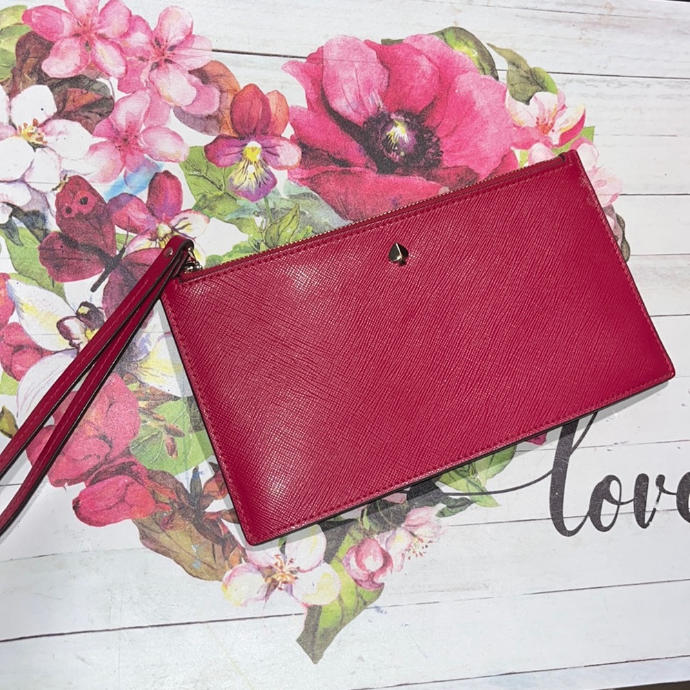 Kate Spade New York Mila Cerise Red-Pink Saffiano Leather Wristlet Pouch EUC